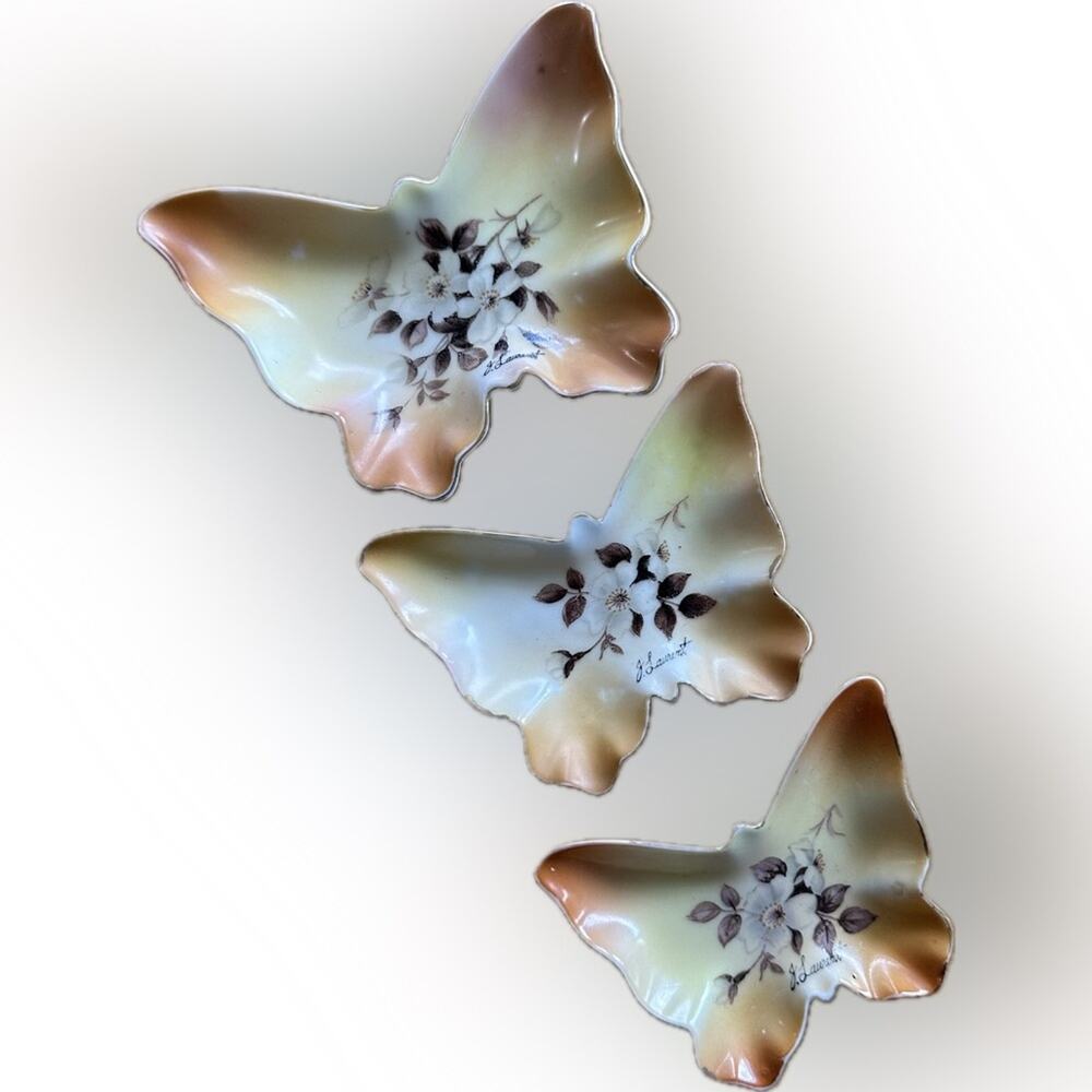 3 Vintage Orange Floral Butterfly Porcelain Nesting Stacking Trinket Dishes